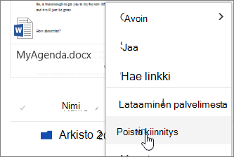 Poista kiinnitys -valikkokohta tiedoston sisältövalikossa korostettuna
