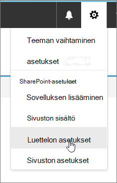 Asetukset-valikko, jossa Luetteloasetukset on korostettuna