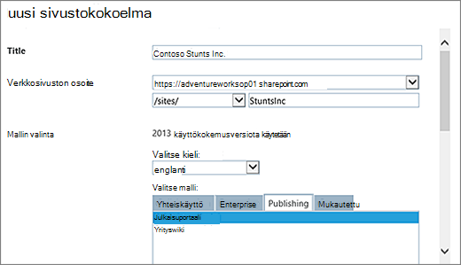 Uusi sivustokokoelman valintaikkuna, jonka yläosassa julkaisuportaali näkyy korostettuna