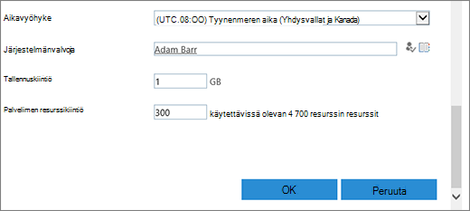 Uusi sivustokokoelman valintaikkuna, jossa on aikavyöhykkeen ja kiintiöiden osa.