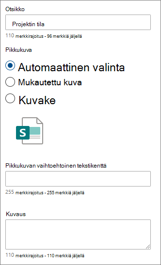 Yksittäisen pikalinkin asetukset