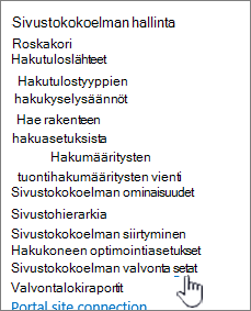 Sivustokokoelman valvonta-asetukset valittuna Sivuston asetukset -valintaikkunassa.