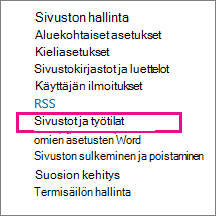 Sivuston asetukset -sivun Sivustot ja työpaikat -osa