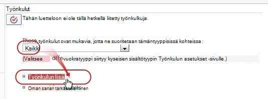 Lisää työnkulku -sivun Kaikki sisältötyypit- ja Työnkulku-kohdat korostettuina