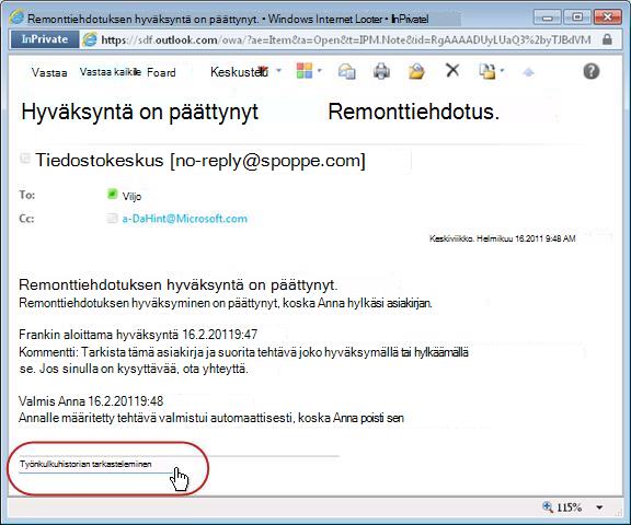 Työnkulun valmistumisilmoitus (Historia-linkki korostettuna)