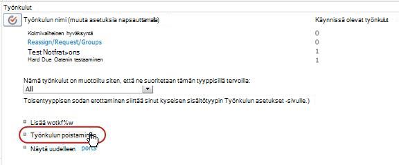 Työnkulun asetukset -sivu (Poista työnkulku -linkki korostettuna)