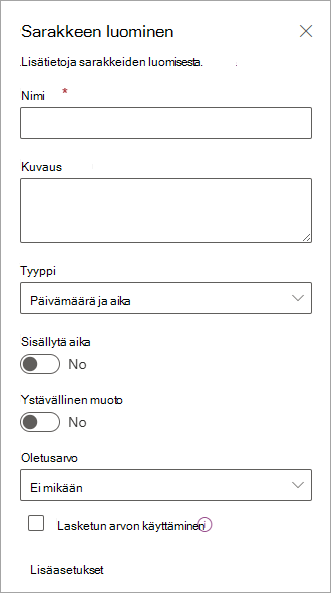 Näyttökuva Luo sarake -paneelista, jonka avulla voit lisätä sarakkeita luetteloihin.
