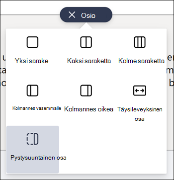Pystysuuntainen osa korostettuna osatyyppien luettelossa