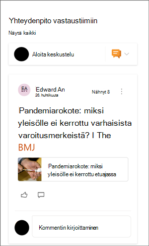 Kuva yammer-verkko-osasta, jossa on esimerkkikeskustelu.