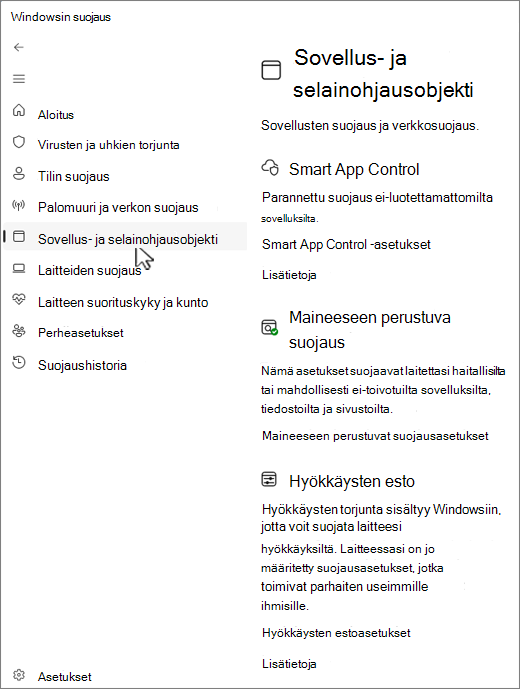 Näyttökuva Windowsin suojaus-sovelluksen sovellus- ja selainohjaussivusta.