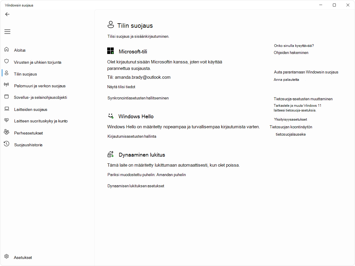 Näyttökuva Windowsin suojaus-sovelluksen tilin suojaussivusta.
