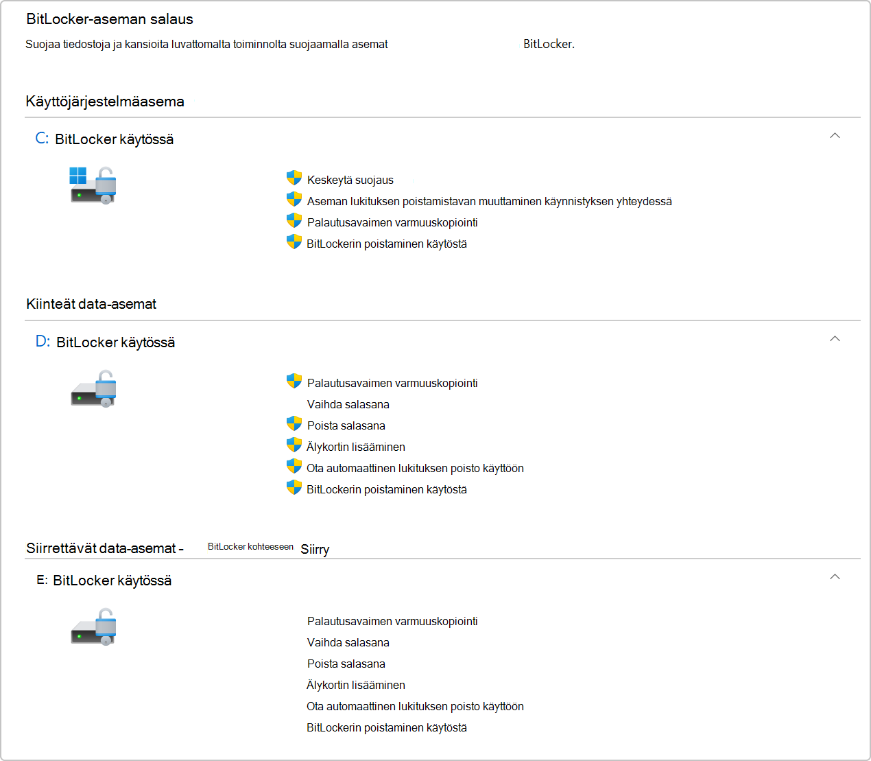 Näyttökuva bitlocker-aseman salauksesta Ohjauspaneeli.