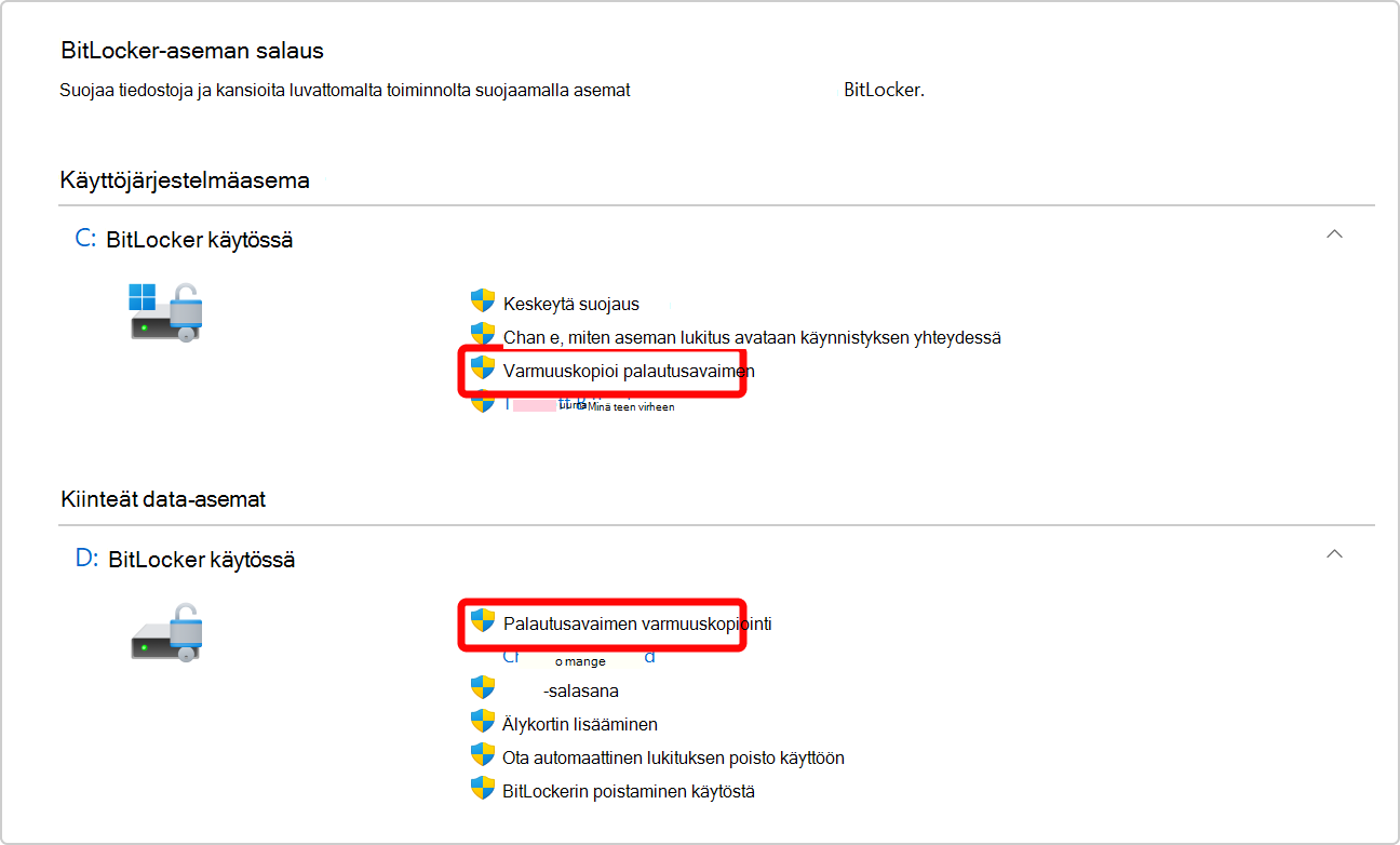 Näyttökuva Ohjauspaneeli, jossa näkyy sekä käyttöjärjestelmäaseman että tietoaseman BitLocker-palautusavaimen varmuuskopiointivaihtoehto.