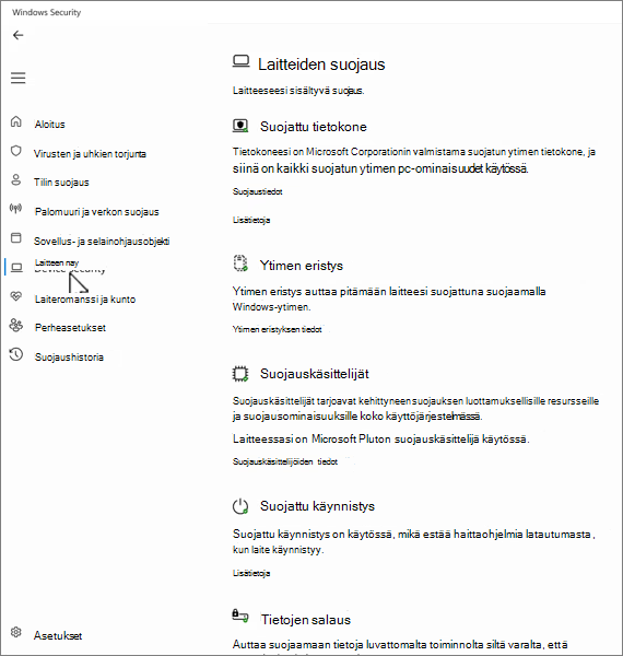 Näyttökuva laitteen suojausnäytöstä Windowsin suojaus-sovelluksessa.