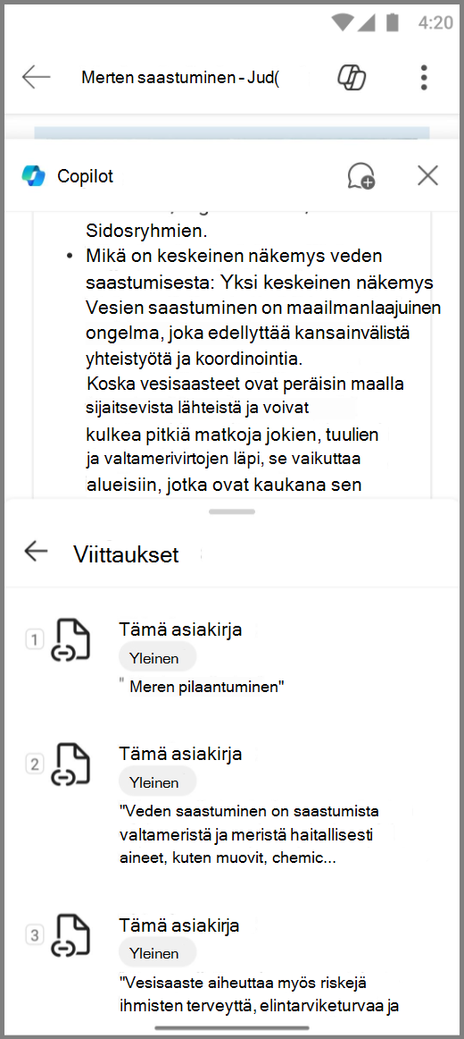 Näyttökuva Kopiointi-Word Android-laitteessa, jossa on viittauksia Copilots-vastaukseen