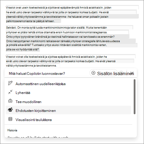 Copilotin Kirjoitusehdotukset-vaihtoehto Word