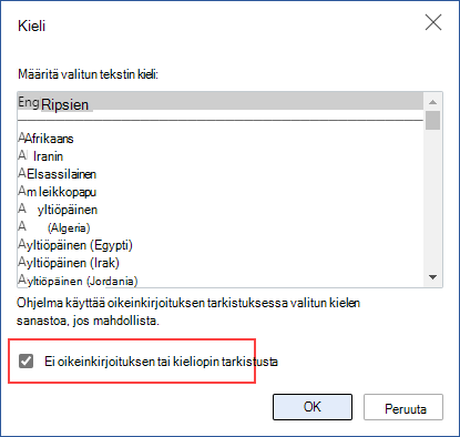 automaattisen oikeinkirjoituksen tarkistuksen poistaminen käytöstä