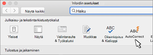 Word for Mac automaattisen korjauksen painike