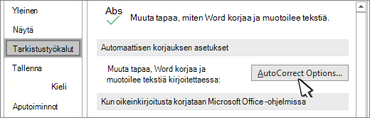 Tarkistustyökalut-valintaikkunan Automaattisen korjauksen asetukset -painike