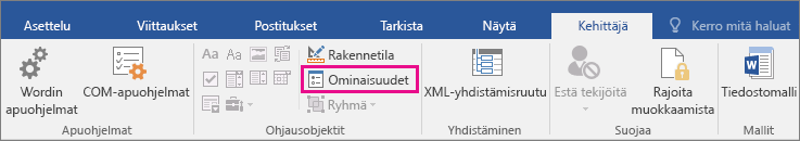 Ominaisuudet-kohta on korostettuna Viestit-välilehdessä.