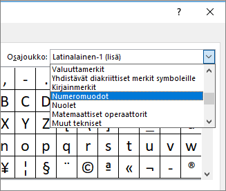 Tuo murtoluvut ja muut matemaattiset symbolit näkyviin valitsemalla Alijoukko-valintaikkunassa Numeromuodot