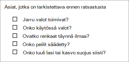 Esimerkki luettelomerkeillä varustetusta luettelosta, jossa on ruutuja.