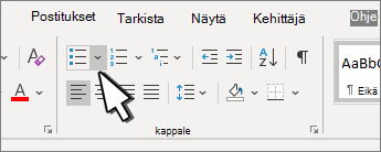 Kappale-ryhmässä korostettu luettelomerkkien alanuoli.