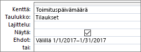 Lauseke kyselyruudukon Ehdot-rivillä.