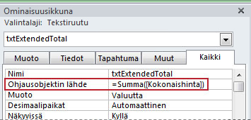 Lauseke tekstiruudun Ohjausobjektin lähde -ominaisuudessa.