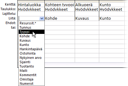 Liitä-rivin avattava luetteloruutu