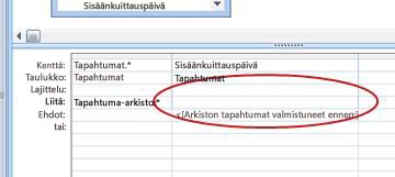 Kyselyn rakenneruudukon Lisää taulukkoon -rivi