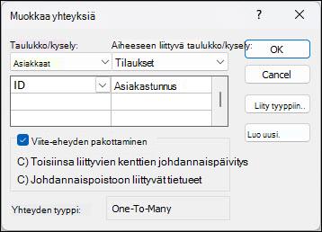 Accessin Muokkaa suhteita -valintaikkuna, jossa on Asiakkaat- ja Tilaukset-liitokentät