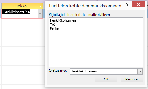 Access-lomakkeen Muokkaa luettelon kohteita -valintaikkuna