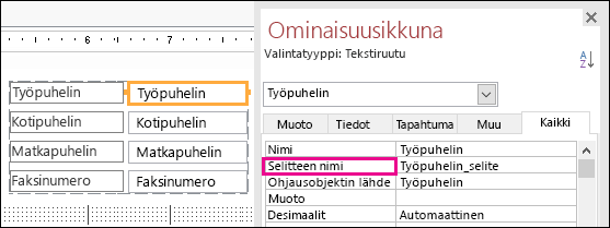 Otsikkonimi-ominaisuus ominaisuusikkunassa