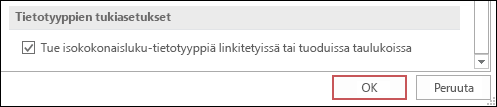 Näyttökuva Accessin asetuksissa valittuna olevasta bigint-tyypin vaihtoehdosta linkitetyissä tai tuoduissa taulukoissa.