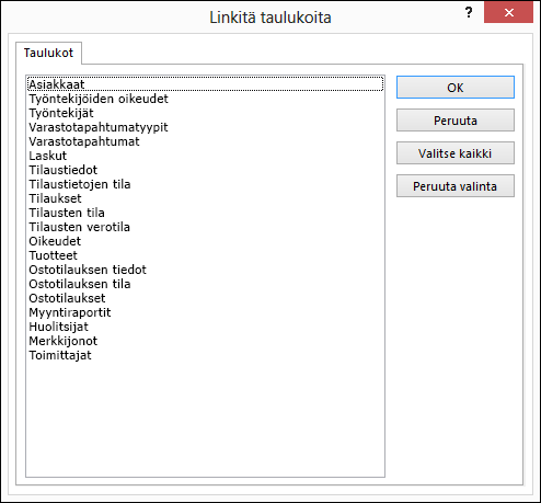 Valitse Linkitä taulukot -valintaikkunassa taulukko, johon haluat linkittää