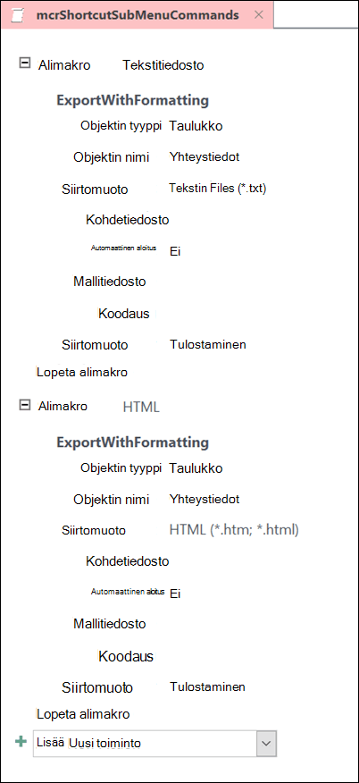 Näyttökuva Makrosta Accessissa, jossa on kaksi alimakroa