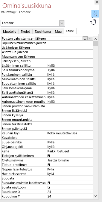 Näyttökuva Accessin ominaisuusikkunasta, jossa ominaisuudet on lajiteltu aakkosjärjestykseen