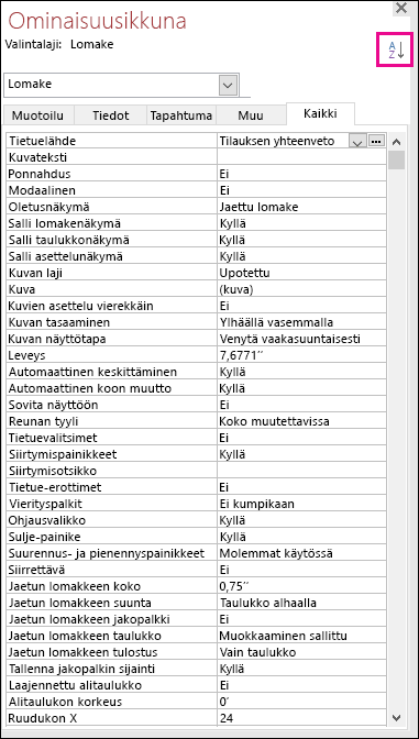 Näyttökuva Accessin ominaisuusikkunasta ilman ominaisuuksien lajittelua