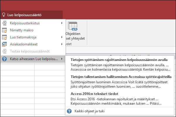 Napsauta Accessin Kerro-ruutua ja kirjoita, mitä haluat tehdä. Kerro-toiminto yrittää auttaa tehtävän suorittamisessa.