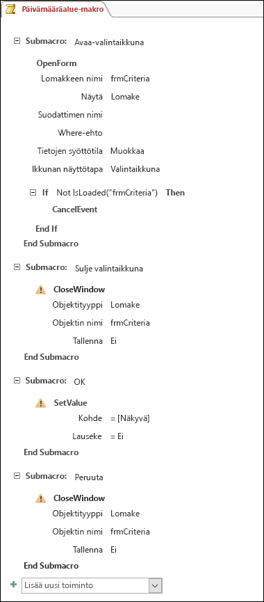 Tämä on näyttökuva Accessin makrosta, jossa on neljä alimakroa ja toimintoja.