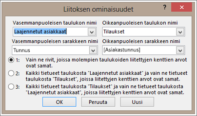 Näyttökuva Liitoksen ominaisuudet -ikkunasta, jossa vasemman taulukon nimi näkyy korostettuna