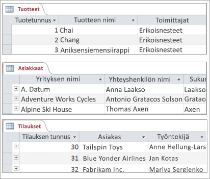 Katkelmat tuotteista, asiakkaista ja tilauksista -taulukot