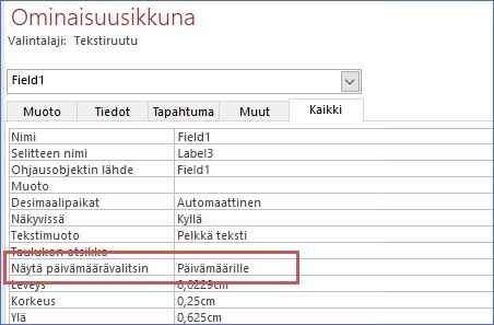 Päivämäärävalitsimen näyttäminen lomakkeen ominaisuusikkunassa