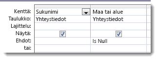 Kuvissa näkyy Ehdot-kenttä kyselyn suunnittelussa, jossa is null -ehto