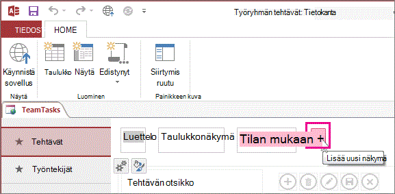 Access-sovelluksen Lisää uusi näkymä -painike.