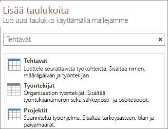 Accessin aloitusnäytön taulukkomallien hakukenttä.