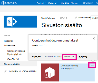 Päivitä-komento sovelluksen kolmen pisteen alapuolella Sivuston sisältö -sivulla
