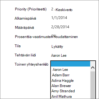 Yhdistelmäruutu näkymässä