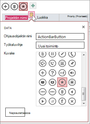Verkkotaulukon mukautetun toiminnon Tiedot-valintaikkuna